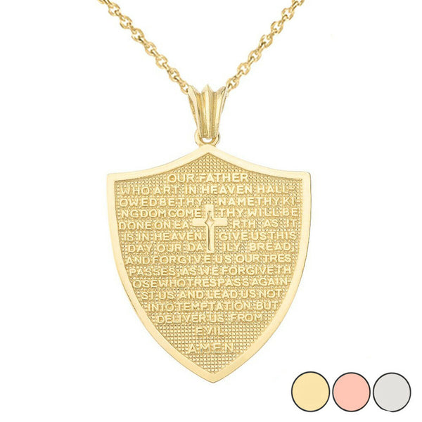 14k Solid Gold The Lord’s Prayer Shield Medallion Pendant Necklace - Yellow