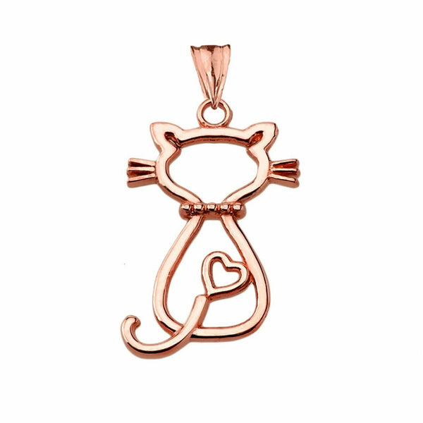 Solid 14k Rose Gold Openwork Backwards Cat Pendant Necklace
