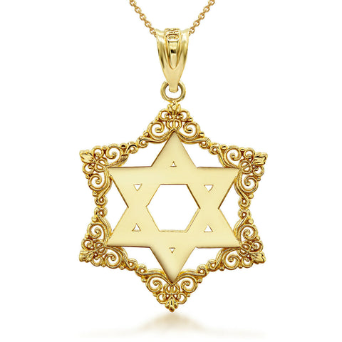 14K Solid Gold Decorated Star Of David Pendant Necklace -Yellow, Rose, or White