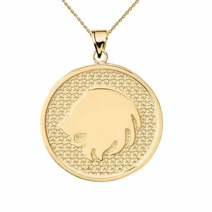 14K Solid Gold Leo Zodiac Sign Disc Round Pendant Necklace