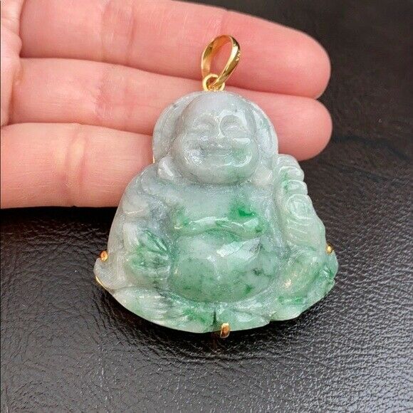 14K Solid Real Yellow Gold Natural Jadeite Jade Happy Laughing Buddha Pendant