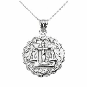 925 Sterling Silver Libra October Zodiac Sign Round Pendant Necklace