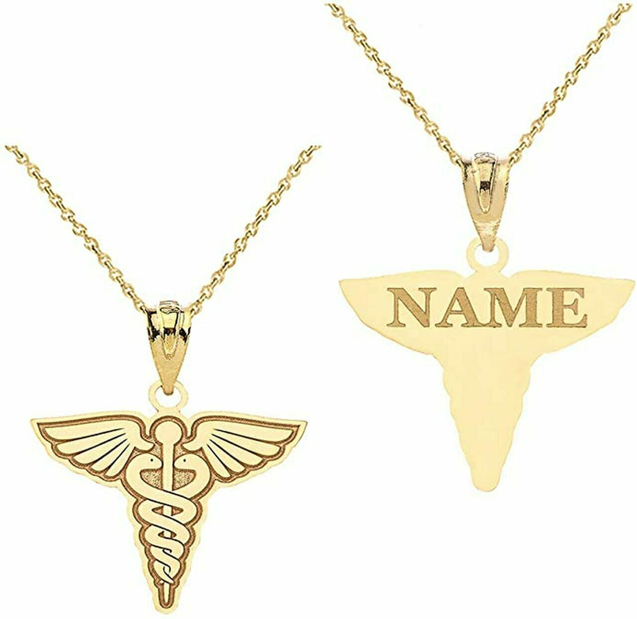 Personalized Engravable Name 10k 14k Solid Gold Caduceus Pendant Necklace