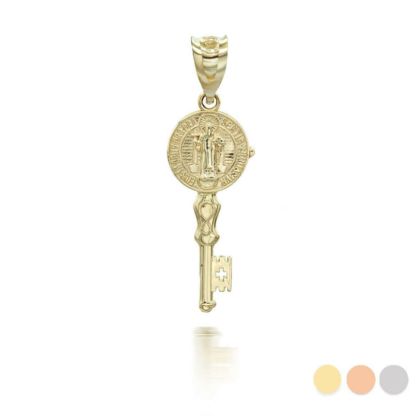 14K Solid Gold St. Saint Benito Key Pendant Necklace - Yellow, Rose, or White