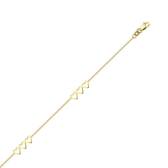 14K Solid Gold Open Trio Heart Cable Chain -Yellow 9"-10" adjust -Minimalist