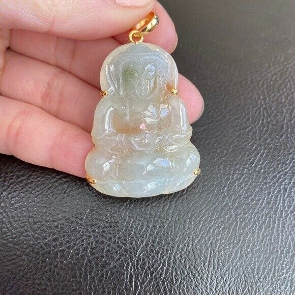 14K Solid Gold Female Tara Buddhist Buddha Natural Jade Pendant Bodhisattva