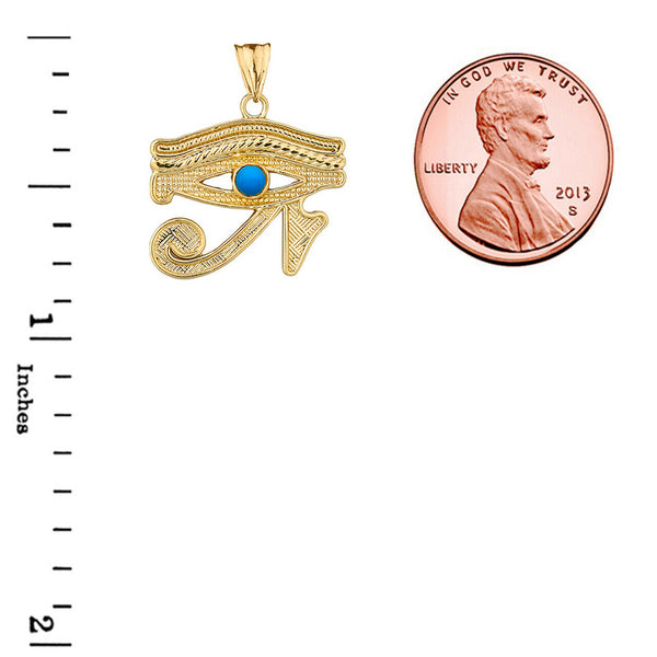 14k Solid Yellow Gold Eye of Horus (Ra) with Turquoise Stone Pendant Necklace