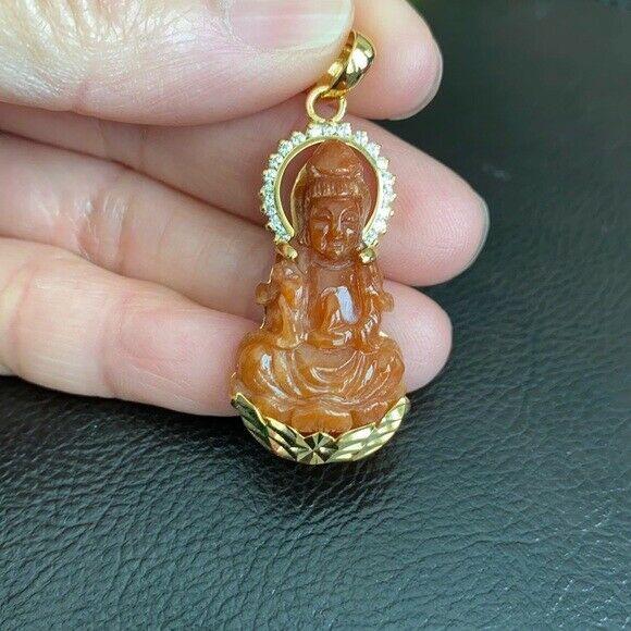 14K Solid Real Gold Natural Jadeite Red Jade Kwan Yin Lady Buddha Pendant