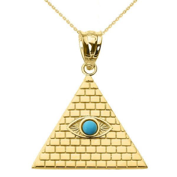 14k Yellow Gold Egyptian Pyramid with Turquoise Evil Eye Pendant Necklace