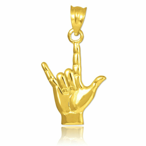 14k Yellow Gold "Hang Loose" I Love You Sign Charm Pendant West Side Necklace