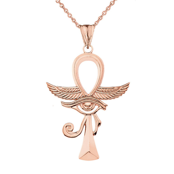 10k Solid Rose Gold Ankh With Eye of Horus Pendant Necklace