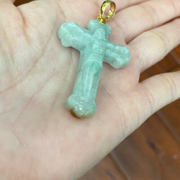 14k Solid Real Yellow Gold Jesus Crucifix Carved Jade A Cross Religious Pendant