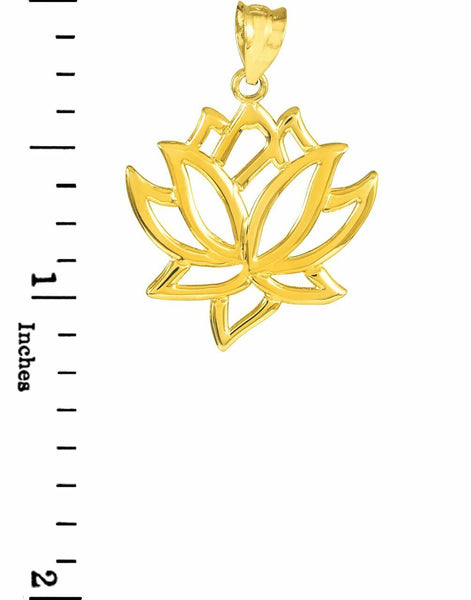 14k Solid Yellow Gold Lotus Flower Buddhism Fortune Purify Pendant Necklace