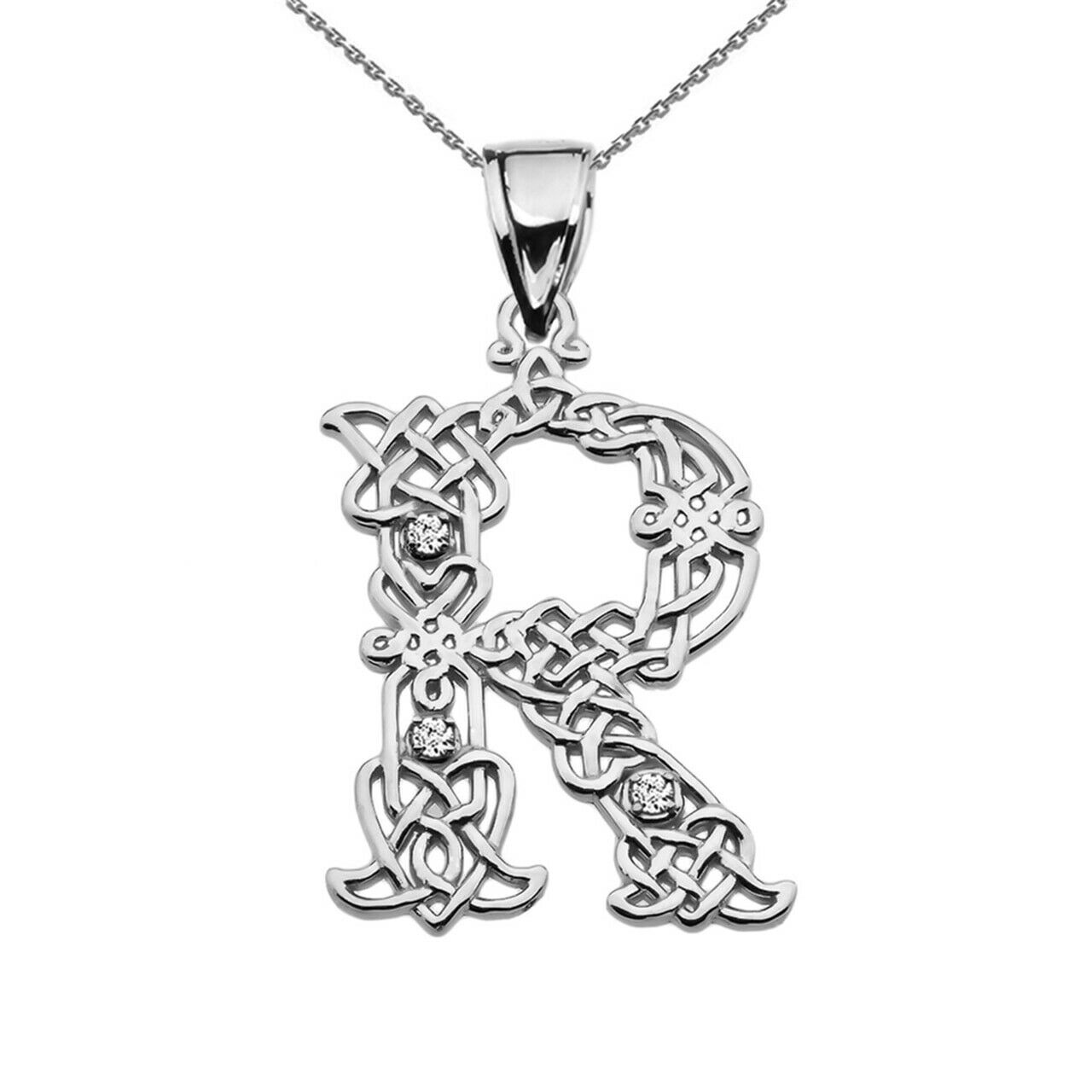 Sterling Silver CZ Celtic Knot Pattern Initial Letter R Pendant Charm Necklace