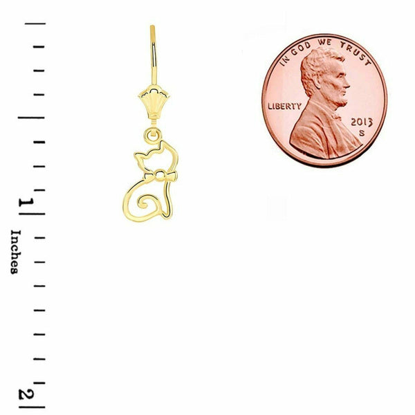 10k Solid Yellow Gold Openwork Cat Oultine Leverback Earrings