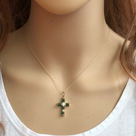 14K Solid Gold Jade Cross Pendant / Charm Dainty Necklace -Minimalist