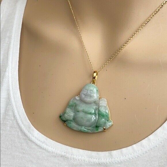 14K Solid Real Gold Natural Jadeite Jade Happy Laughing Buddha Pendant 705