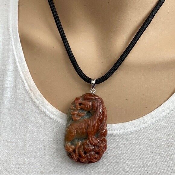 925 Sterling Silver Carving Roaring Tiger Heavy Red Jade Pendant Necklace Men