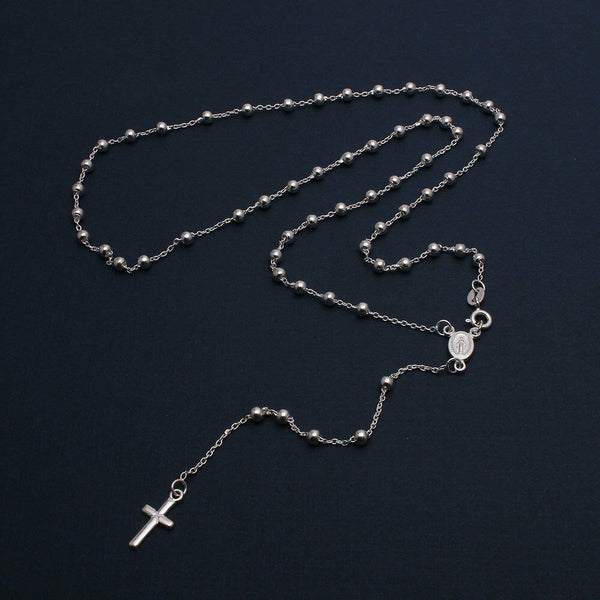 NWT Sterling Silver 925 High Polised Beaded 3MM Rosary Cross Necklace 20" 24"