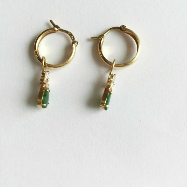 14K Solid Yellow Gold Small Teardrop Jade CZ Earrings