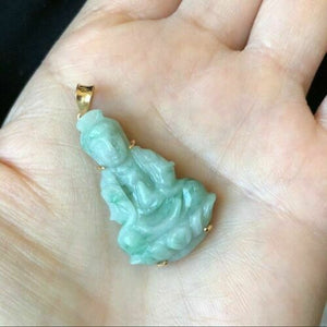 18K Solid Gold Happy Kwan Yin Guanyin Buddha Female Jade Pendant Small