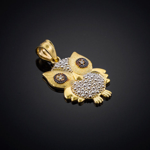 14K Solid Gold Owl Diamonds Pendant Necklace - Yellow, Rose, or White