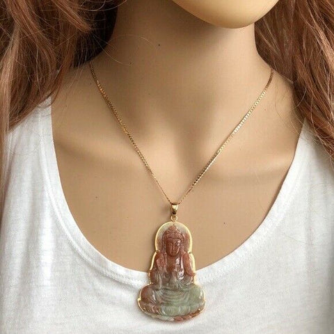 14K Solid Gold Large Big Lady /Kwan Yin Buddha Natural Red Jade Pendant - 349