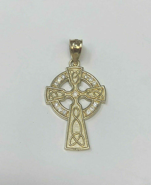 Solid 14k Yellow Gold Diamond Trinity Knot Celtic Cross Pendant Necklace