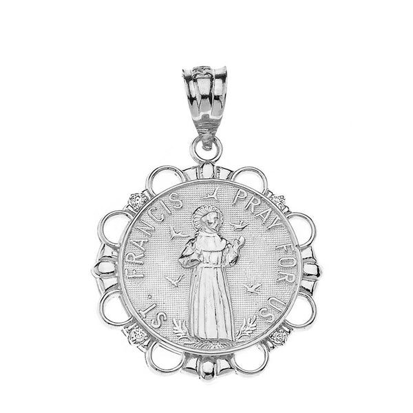 925 Sterling Silver Saint Francis Pray For Us Circle CZ Pendant Necklace