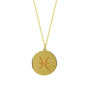 14K Solid Yellow Gold Organic Disk Engraved Pisces Zodiac Pendant Necklace