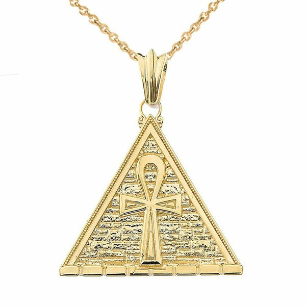 14k Solid Yellow Gold Ankh Cross Egyptian Pyramid Pendant Necklace