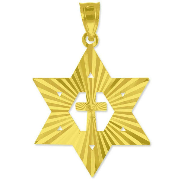 Solid 10k Yellow Gold Jewish Star of David and Cross Pendant Necklace Reversible