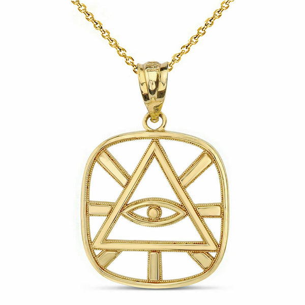 14k Yellow Gold Eye of Providence All Seeing Eye of God Pyramid Pendant Necklace