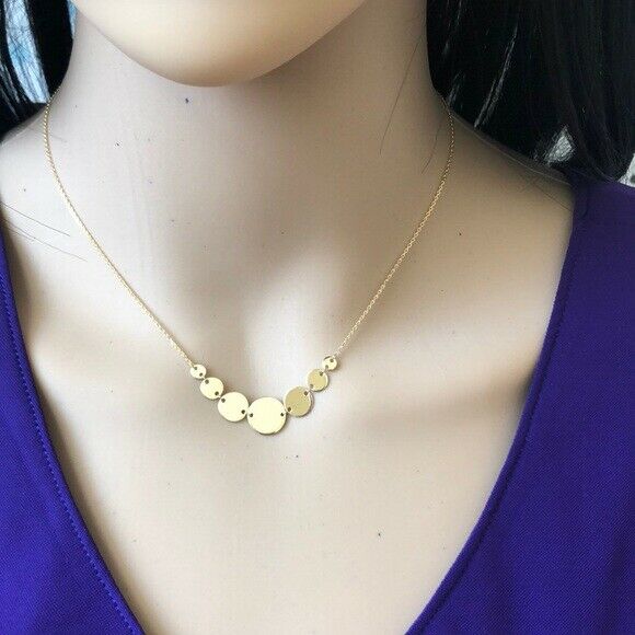 14K Solid Yellow Gold Graduated Disc Disk Necklace Adjustable 16" - 18"