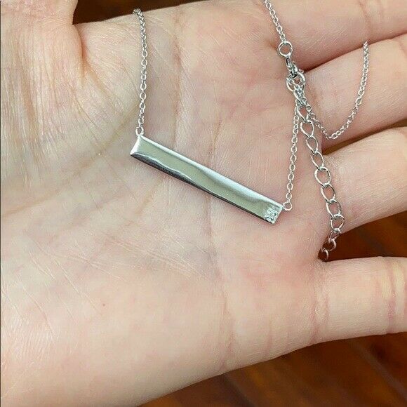 925 Sterling Silver White Gold Plated Bar Plate Geometric Diamond Necklace