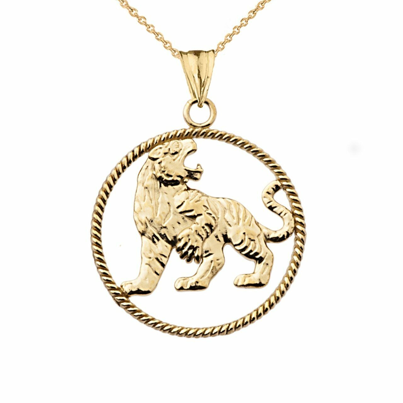 14K Solid Yellow Gold Lion Rope Pendant Necklace