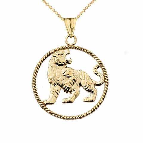 14K Solid Yellow Gold Lion Rope Pendant Necklace