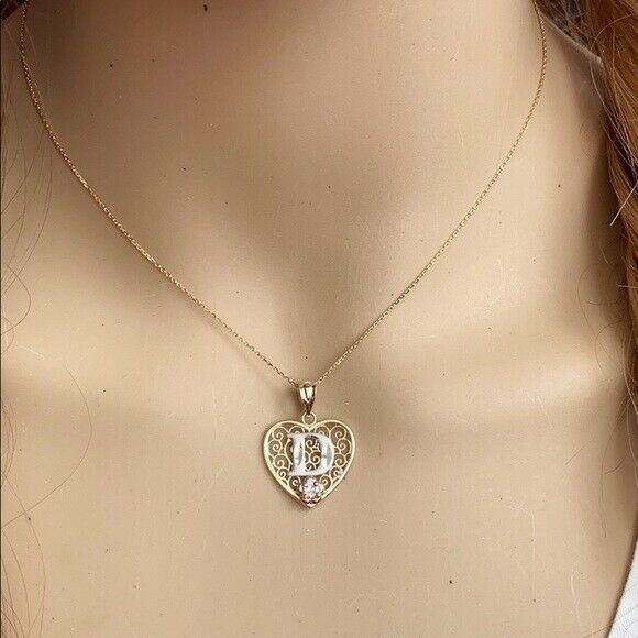 14k Solid Gold Initial Letter D Heart Filigree CZ Pendant Necklace