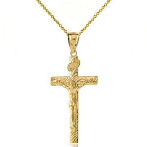 14K Solid Gold INRI Jesus of Nazareth Crucifix Wooden Texture Pendant Necklace