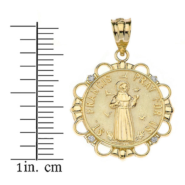 14k Solid Gold Diamond St. Saint Francis Pray For Us Circle Pendant Necklace