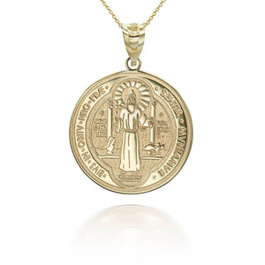 14K Solid Gold Saint Benito Prayer Double 2 sided Pendant Necklace