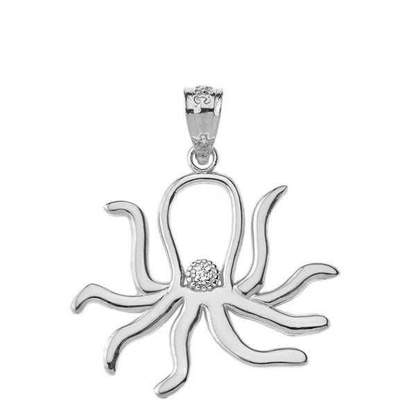 925 Sterling Silver Octopus Outline CZ Pendant Necklace