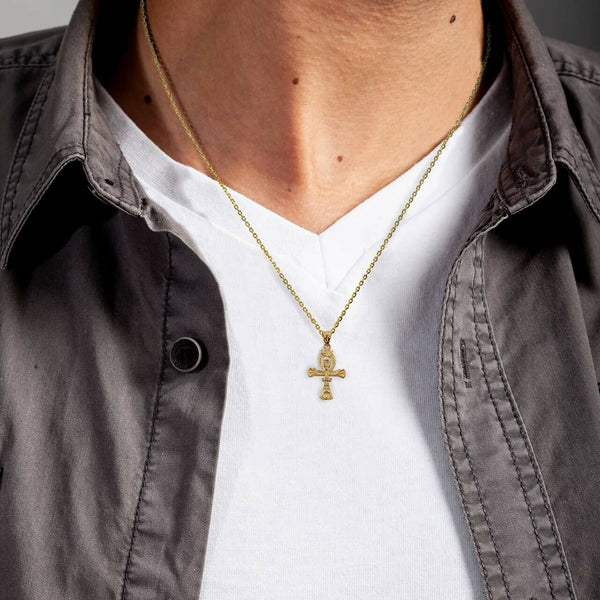 10K Solid Gold Egyptian Ankh 3D Pendant Necklace - Yellow, Rose, or White Gold
