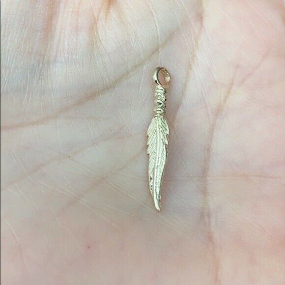 10k Yellow Gold Solid Dainty Feather Pendant Necklace