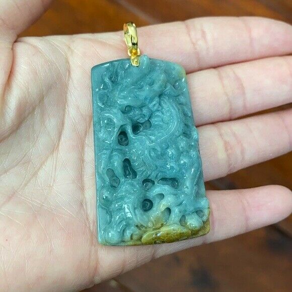 14K Solid Yellow Gold Carved Dragon Natural Jade Pendant Rectangle Men