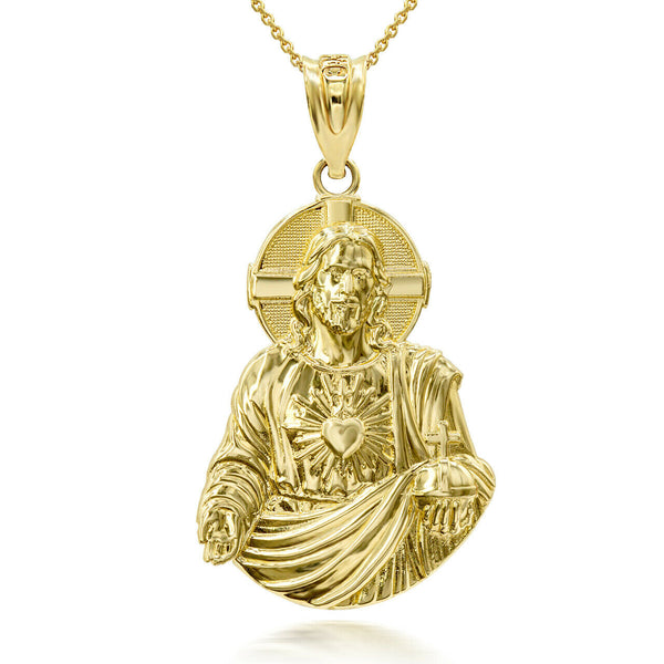 10k Solid Gold 3D Jesus Christ Sacred Heart Big Pendant Necklace