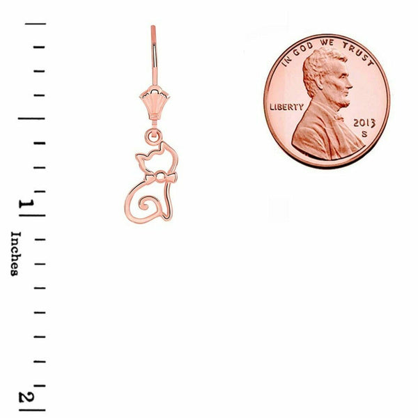 14k Solid Rose Gold Openwork Cat Oultine Leverback Earrings