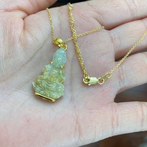 14K Real Solid Gold Genuine Jade Kwan Yin Buddha Pendant Necklace Small kid sz