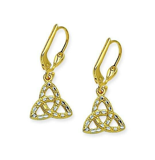 14K Solid Yellow Gold Celtic Knot Dangle Cleverback Earrings - Diamond-cut