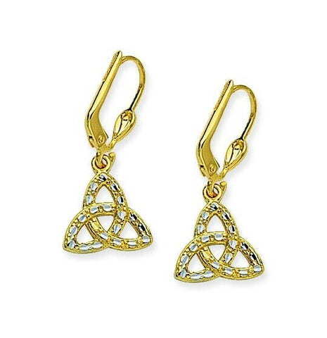 14K Solid Yellow Gold Celtic Knot Dangle Cleverback Earrings - Diamond-cut